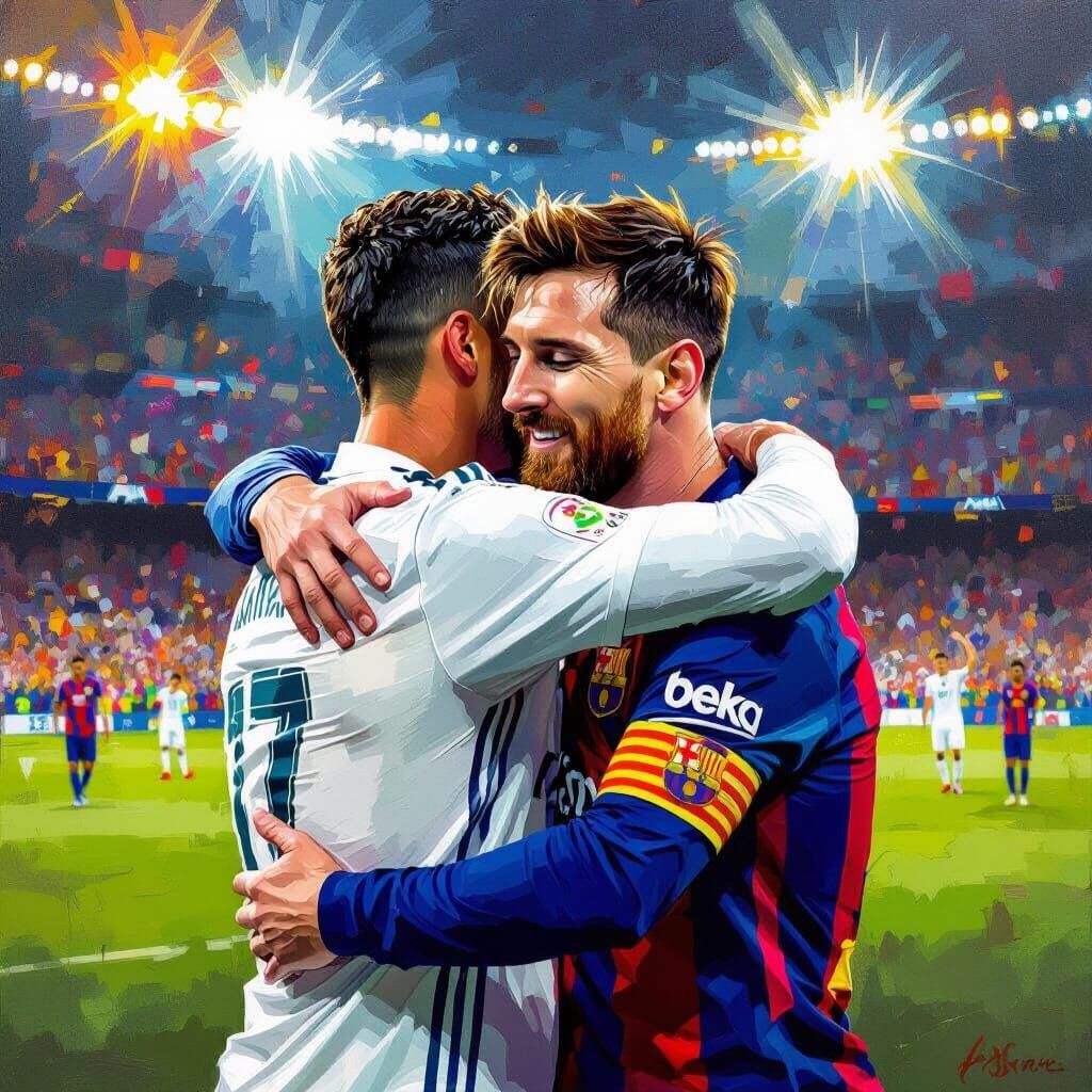 Ronaldo and Messi Embrace in Stadium Oil Painting