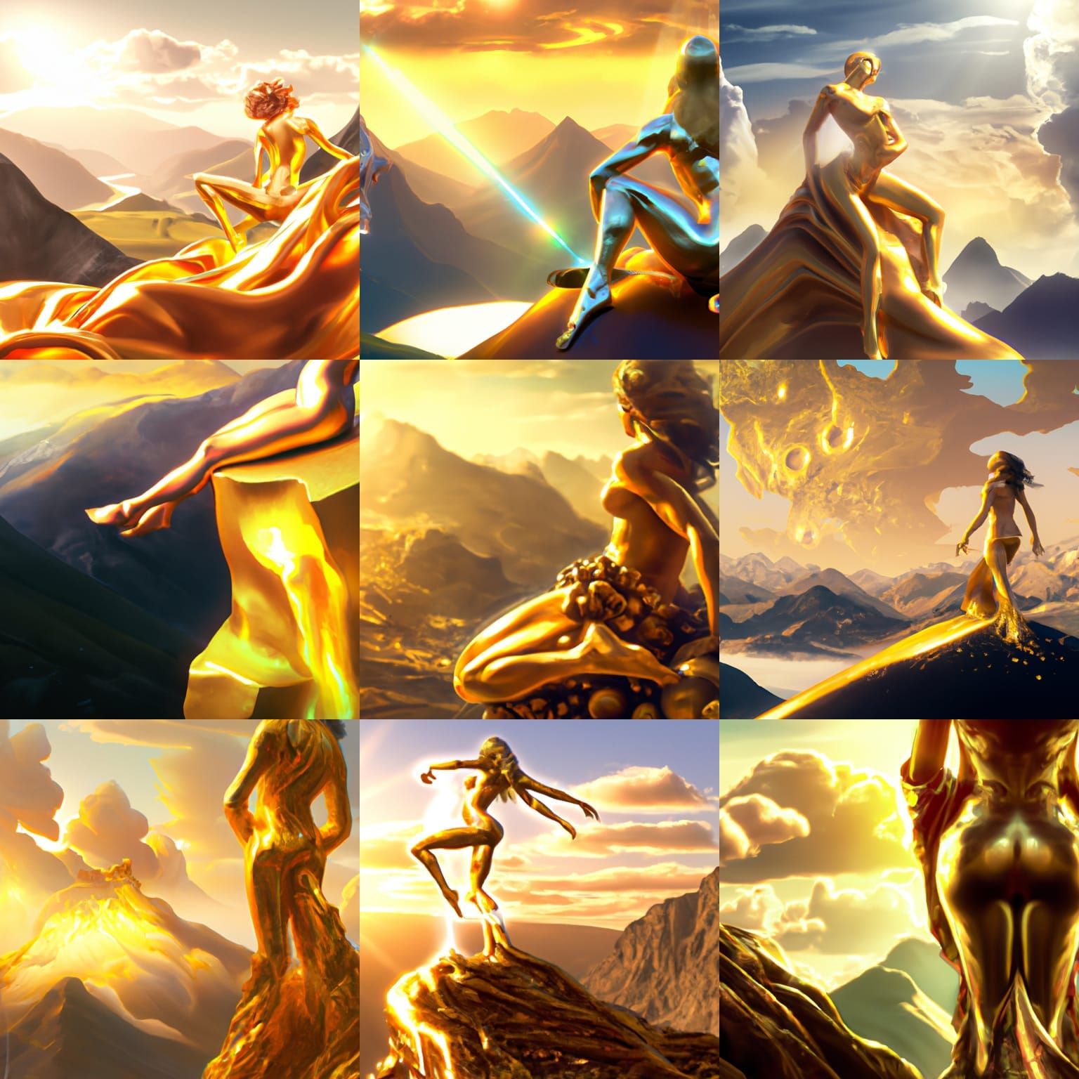Golden Woman Above Mountains: Hyperrealistic Oil Painting