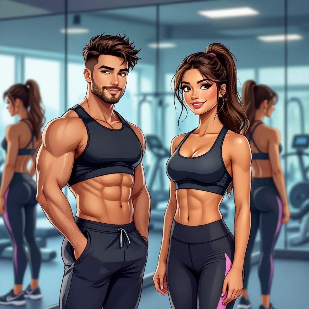 Cute Gym Partners in Stylized Illustration