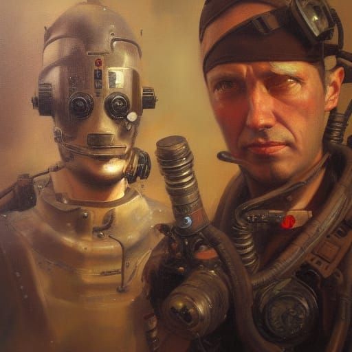 Gamer in Dieselpunk Style Oil Painting