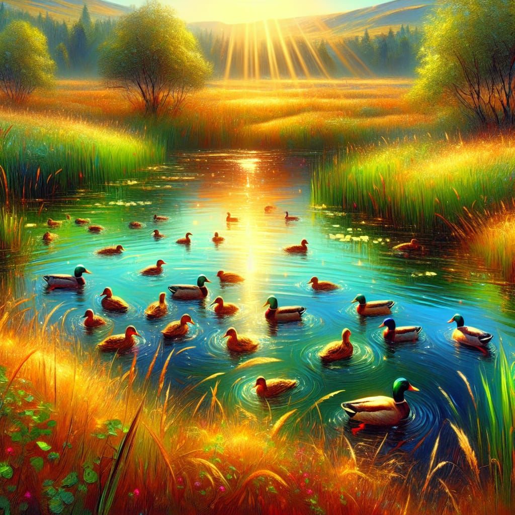 Ducks Enjoying Summer Sun: Oil and Airbrush Illustration