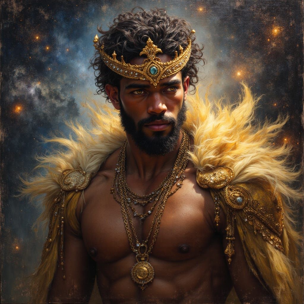 Black God King in Crystal Crown and Gold Jewelry