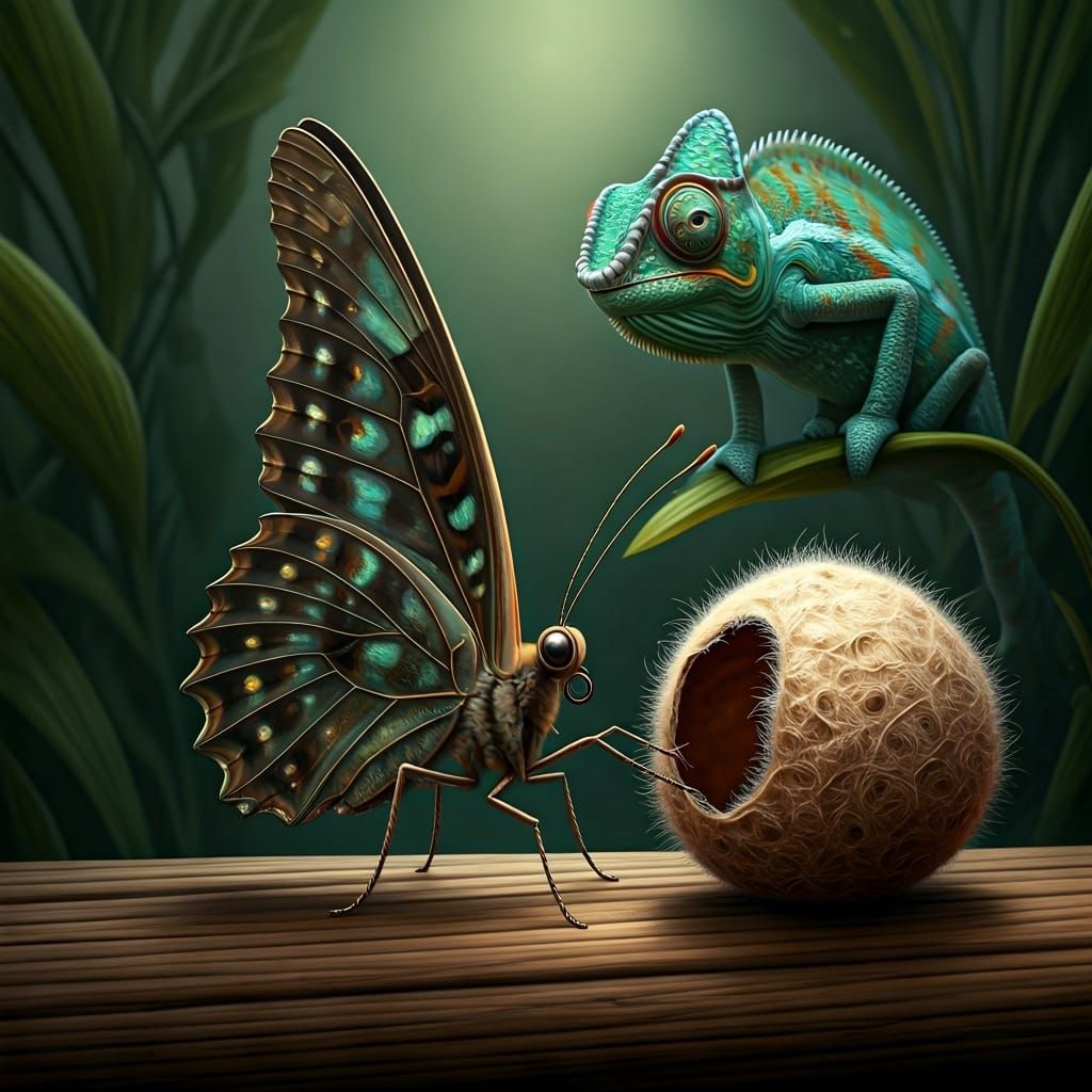 Iridescent Butterfly Yearns for Cocoon in Painterly Style