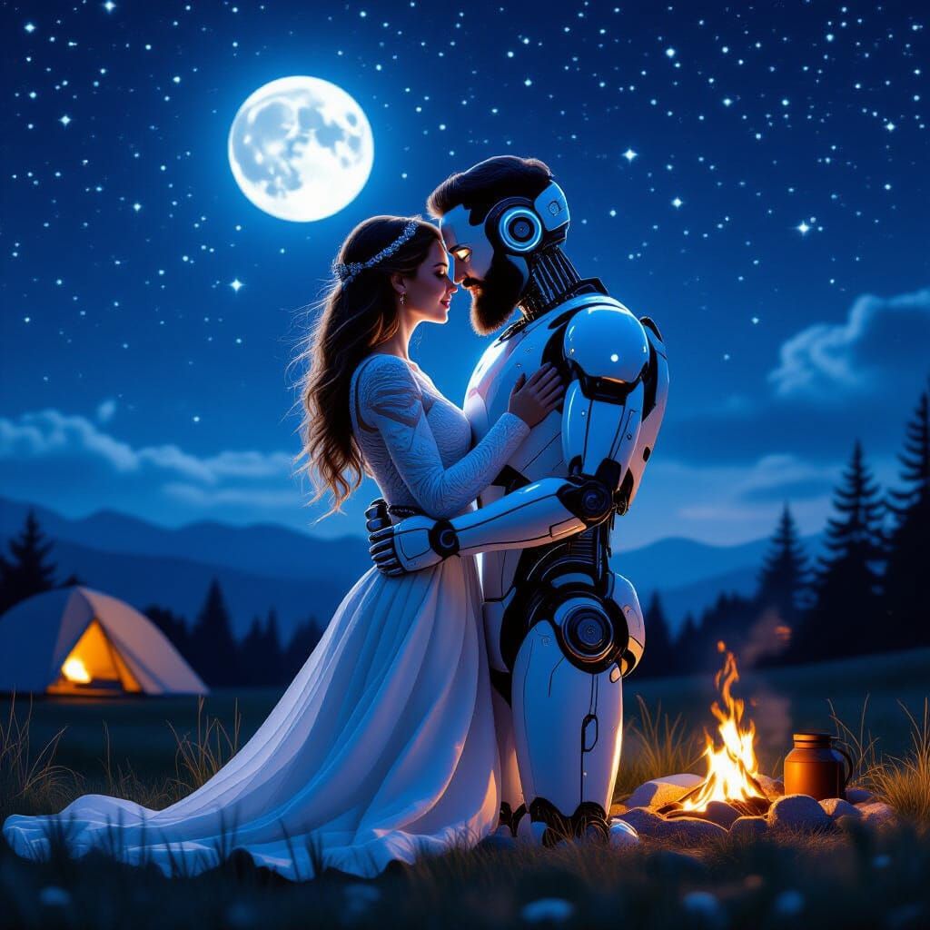 Robotic Embrace Under Starry Sky, HD