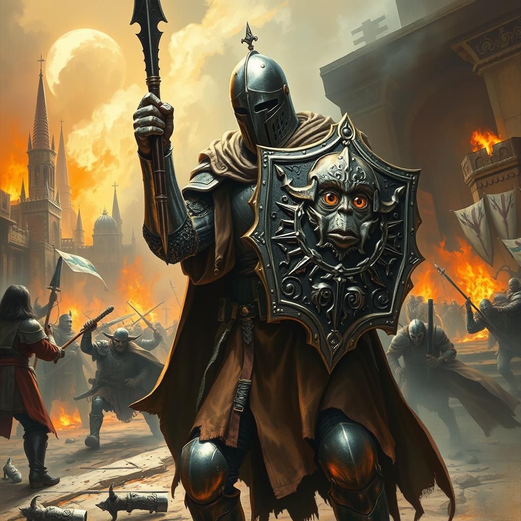 Heroic Knight Shields Child in Burning City