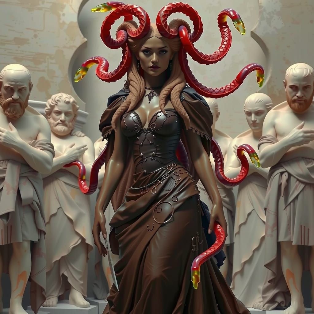 Medusa in Chocolate Gown with Gummy Worm Hair