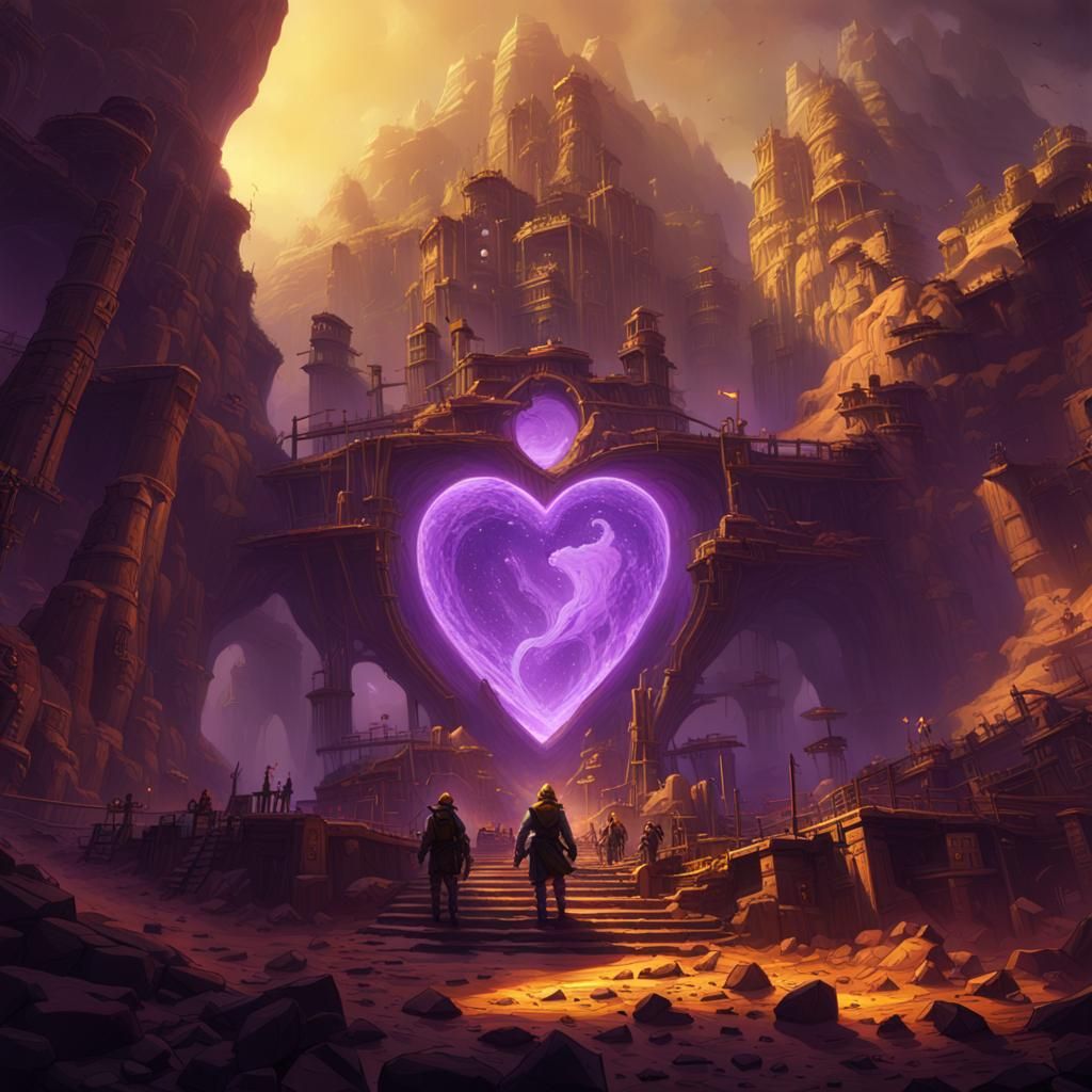 Mining Operation Around a Giant Heart in Dark Fantasy Style