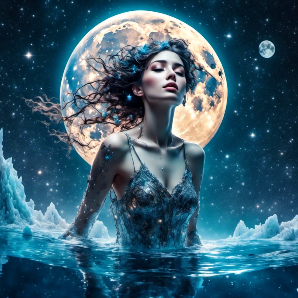 Woman Swimming with Moon and Stars