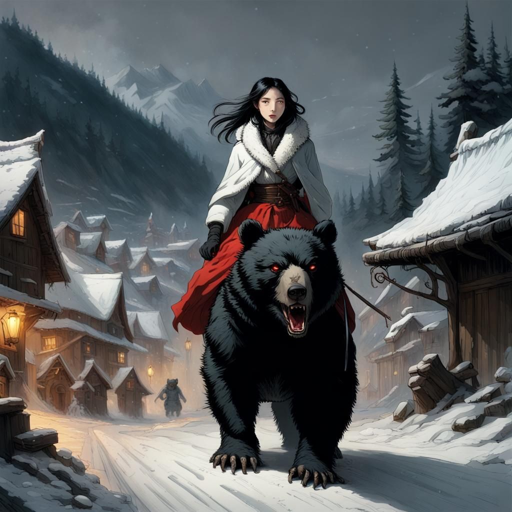 Korean Woman Rides Mutant Bear in Snowy Landscape