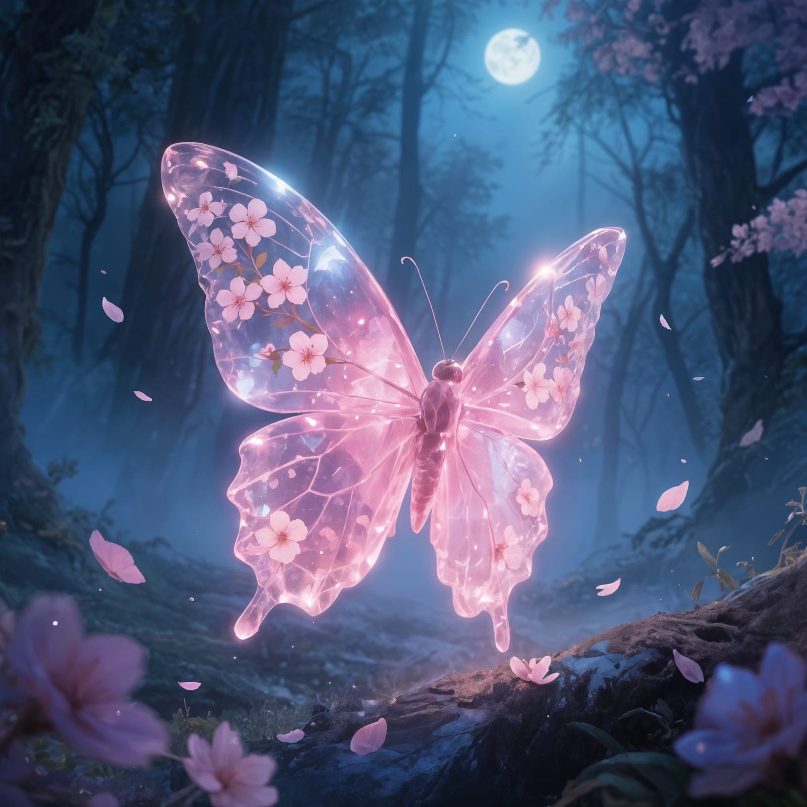 Luminous Butterfly in Enchanted Forest at Night