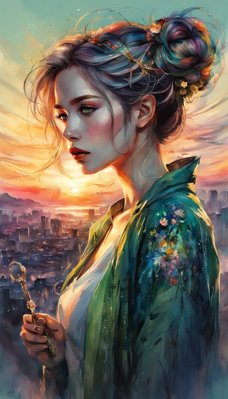 Woman with Keys in Digital Watercolor Illustration