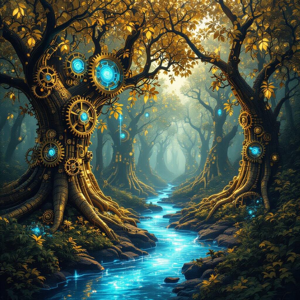 Enchanted Steampunk Forest with Golden Gears in 8K