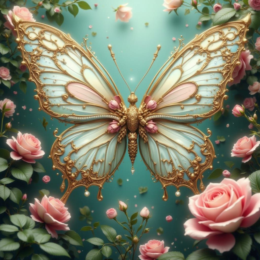 Elegant Butterfly with Pearl Wings Among Roses