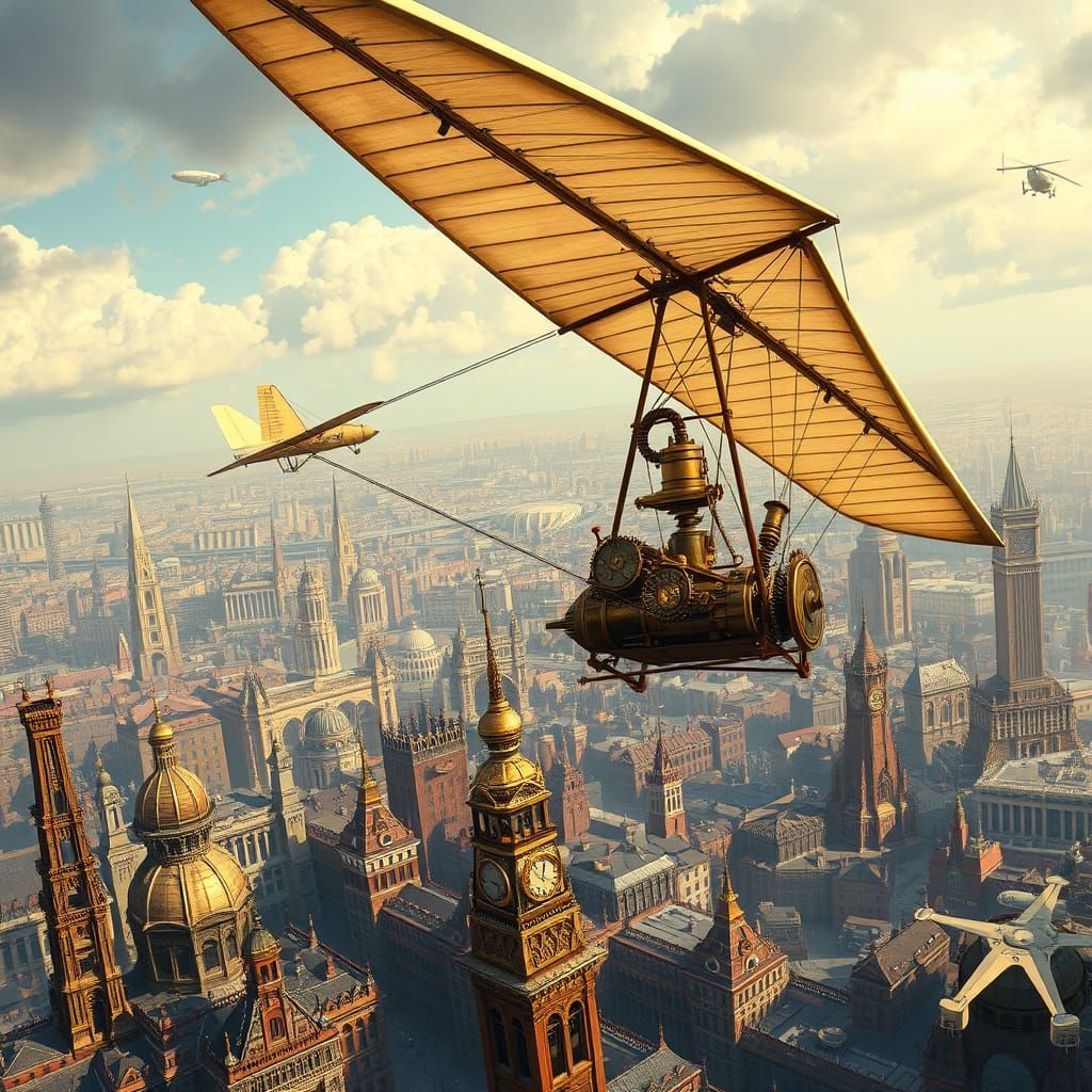 Steampunk Hang Glider Soaring Over Victorian City