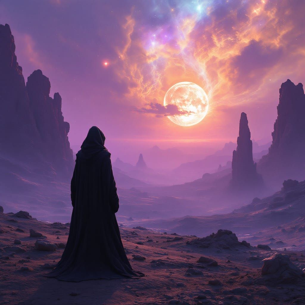Cloaked Figure on Alien Planet Gazing at Binary Sunset