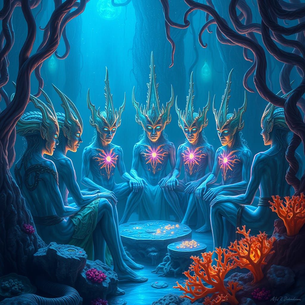 Gathering of the Deep-Eyed Council in a Bioluminescent Thala...