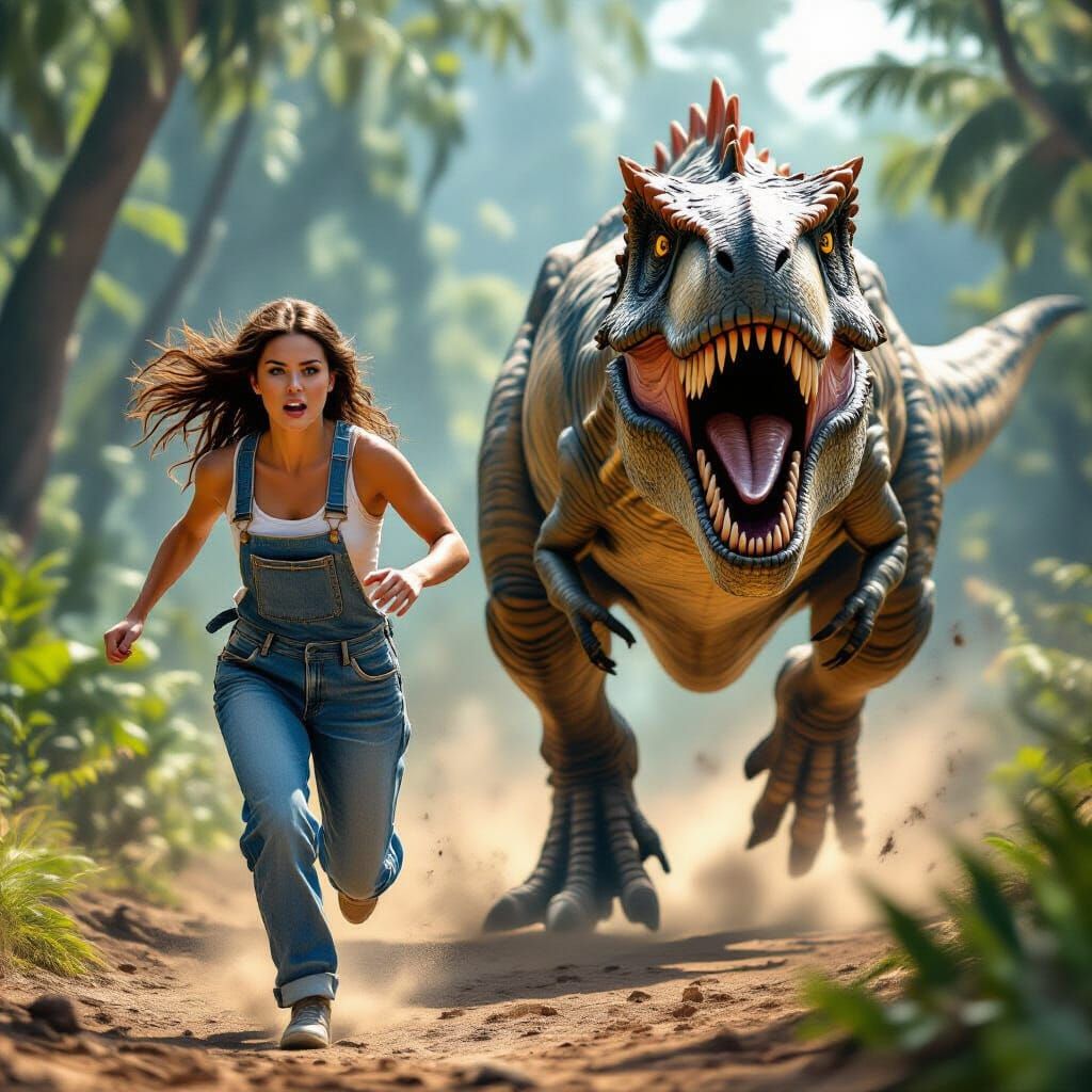 Woman Running from T-Rex in Photorealistic Style