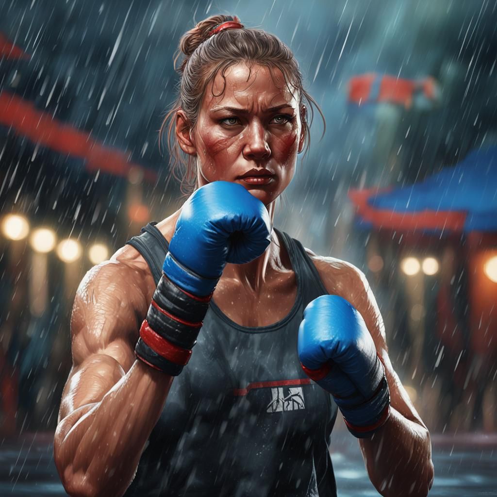 Female Kickboxer Training in Rain, Hyperdetailed Portrait