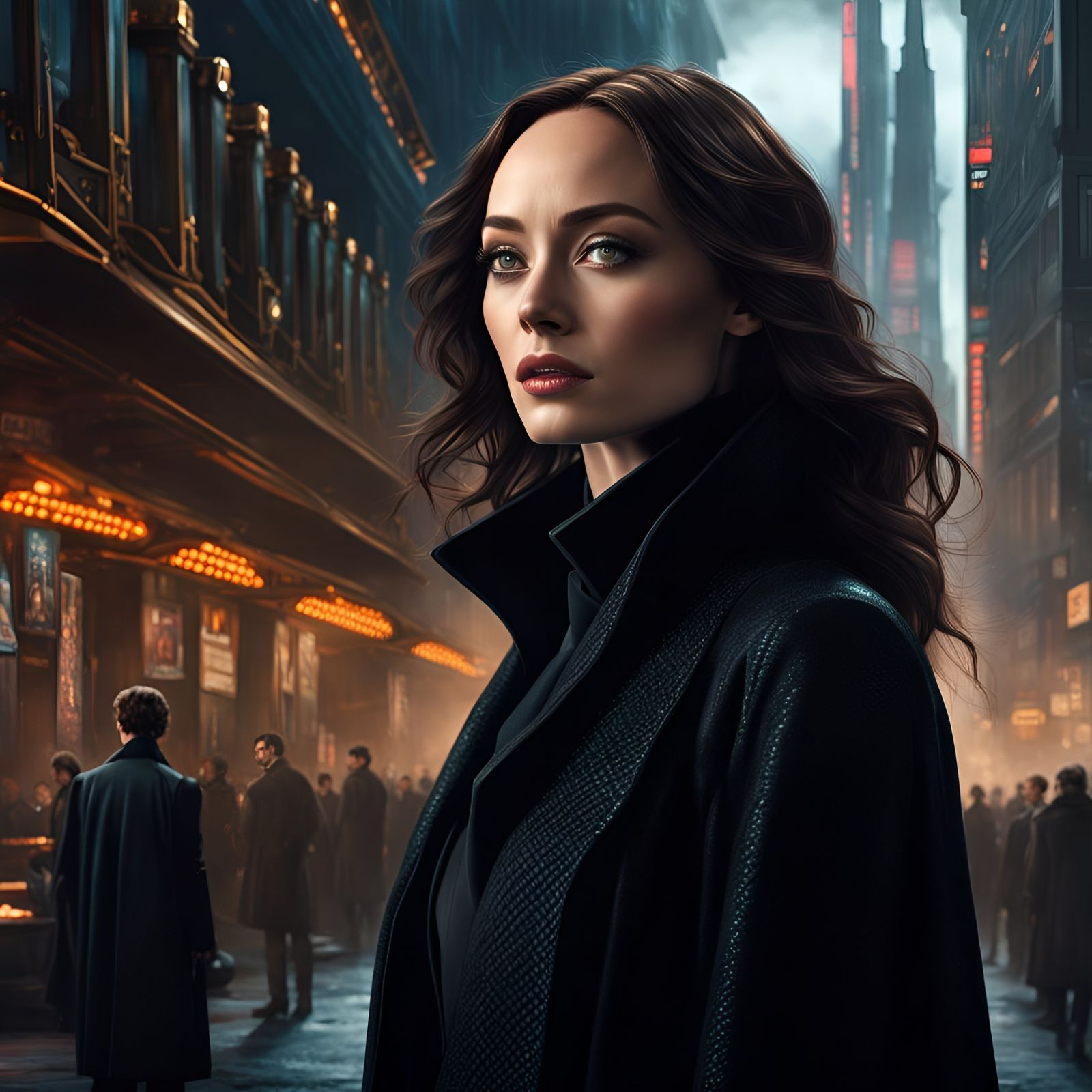 Futuristic Art Professor in Cyberpunk Cityscape