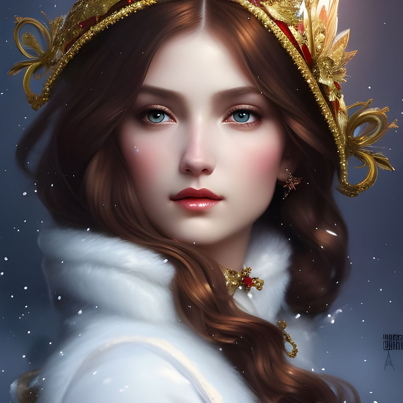 Snow Princess with Christmas Hat, Digital Art Portrait