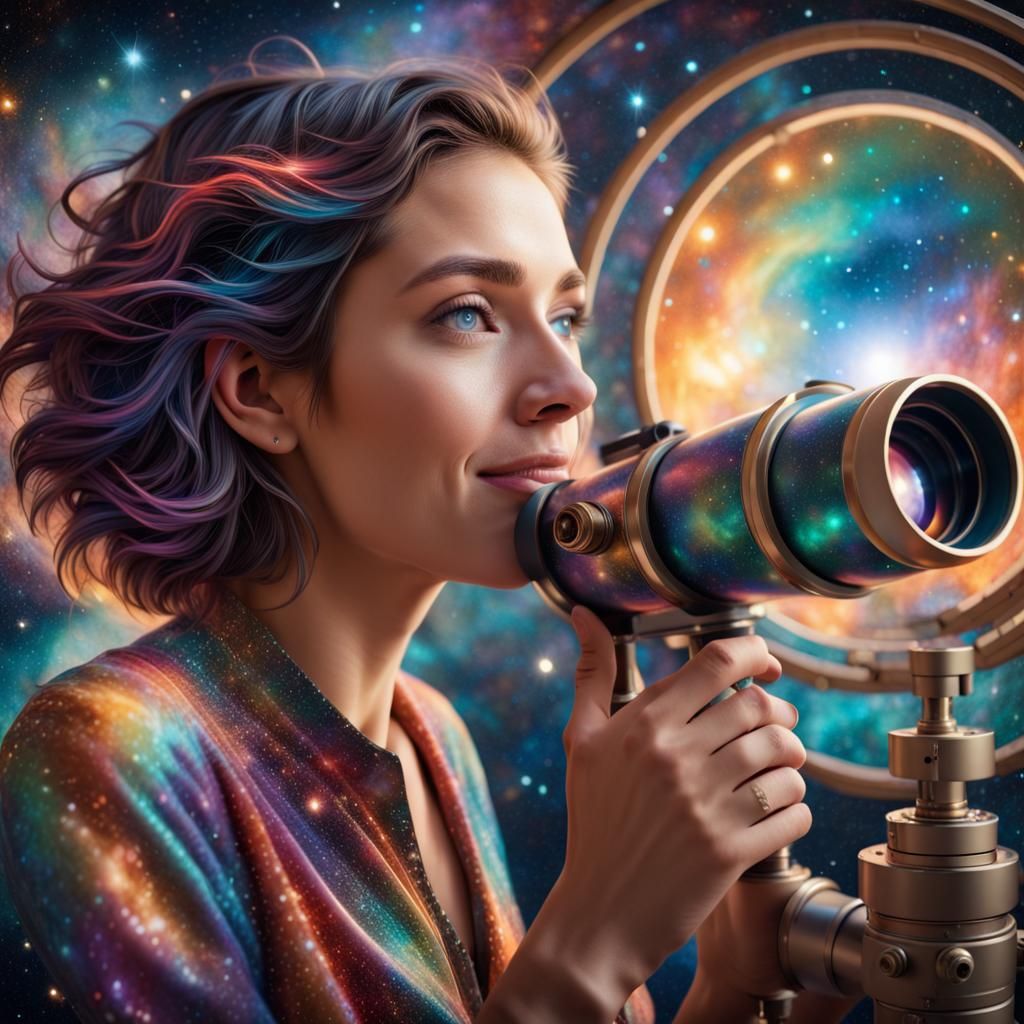 Woman Stargazing at Colorful Universe, Airbrush Art