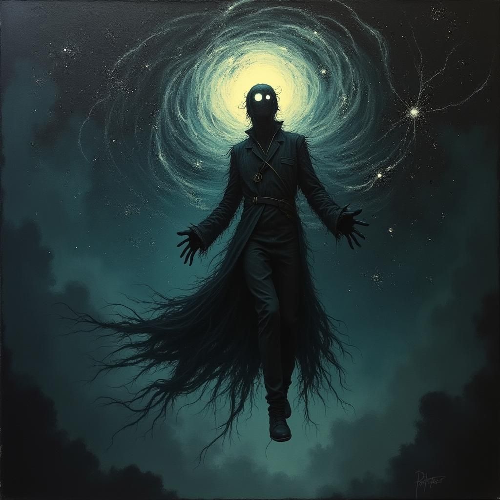 Ethereal Figure Enters Black Void as Oil Painting