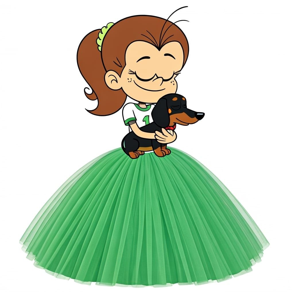 The Loud House cartoon style: Tween Luan Loud with brown hair and a mischievous grin. She is wearing a floor length brig...