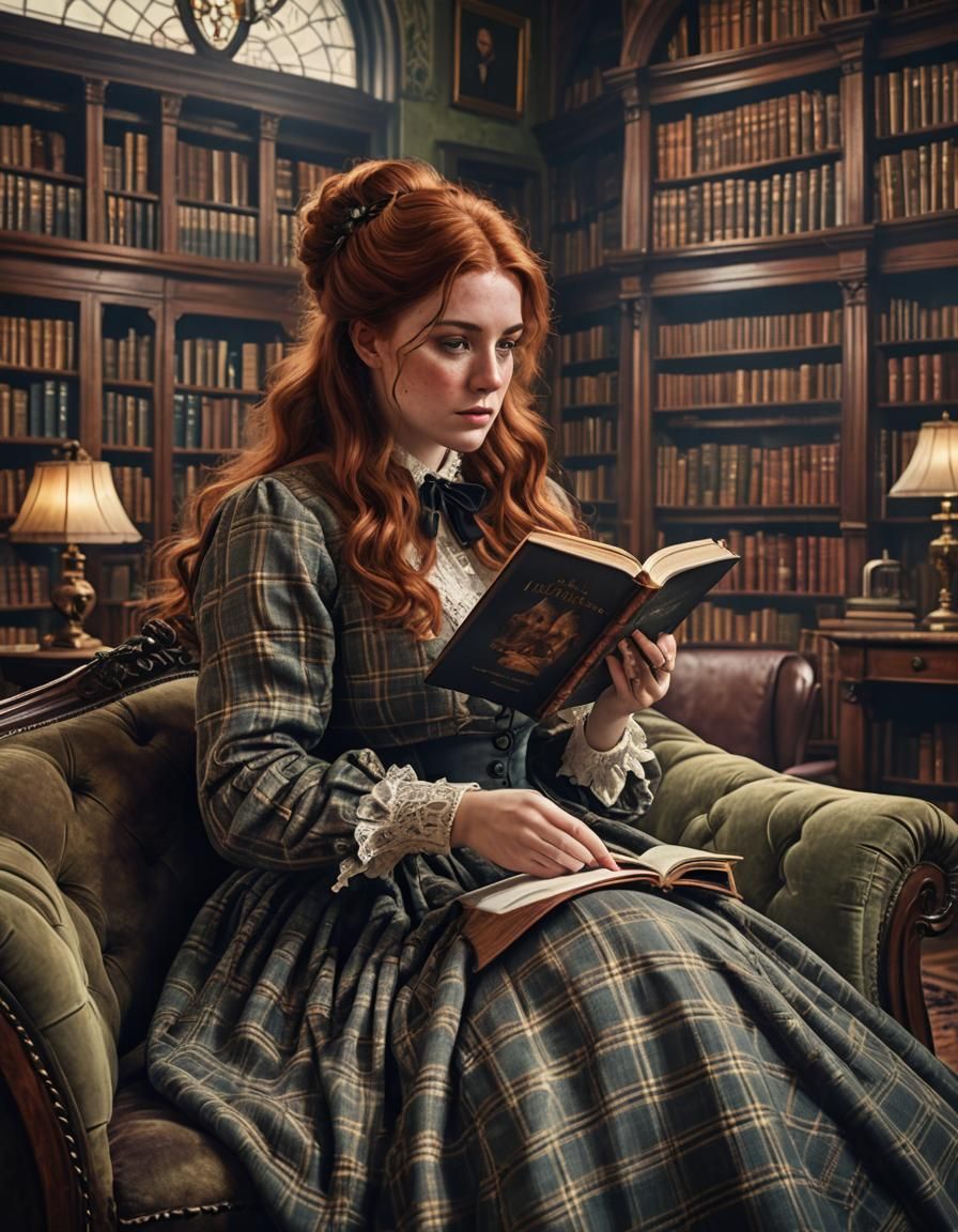 Victorian Woman Reading in Mansion Library: Digital Painting