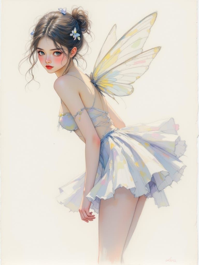 Soft Pastel Fairy in Short Skirt Flies Through Spring Landsc...
