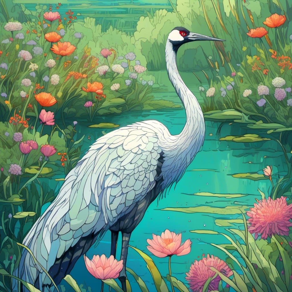 Ethereal Crane in Wildflower Pond: Gouache Painting