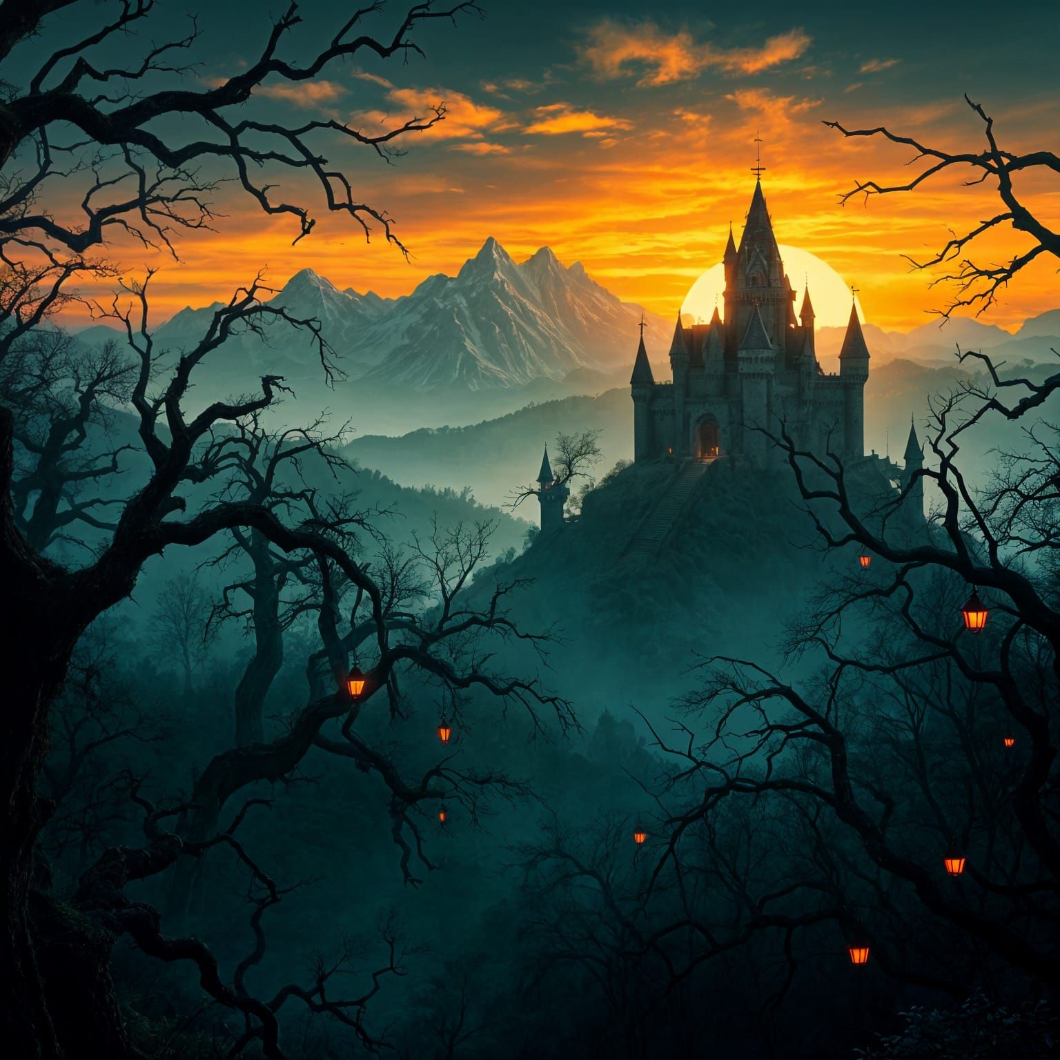 Mystical Castle in a Dark Enchanted Forest