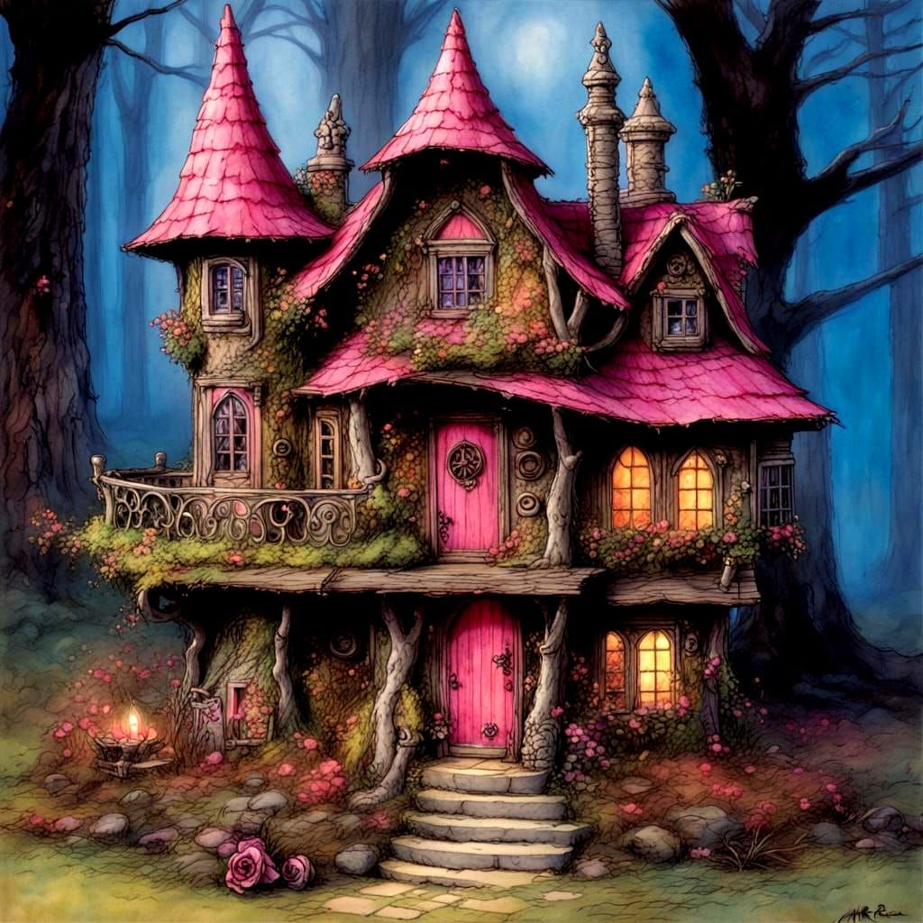 Barbie fairy house,  intense  color, by arthur rackham