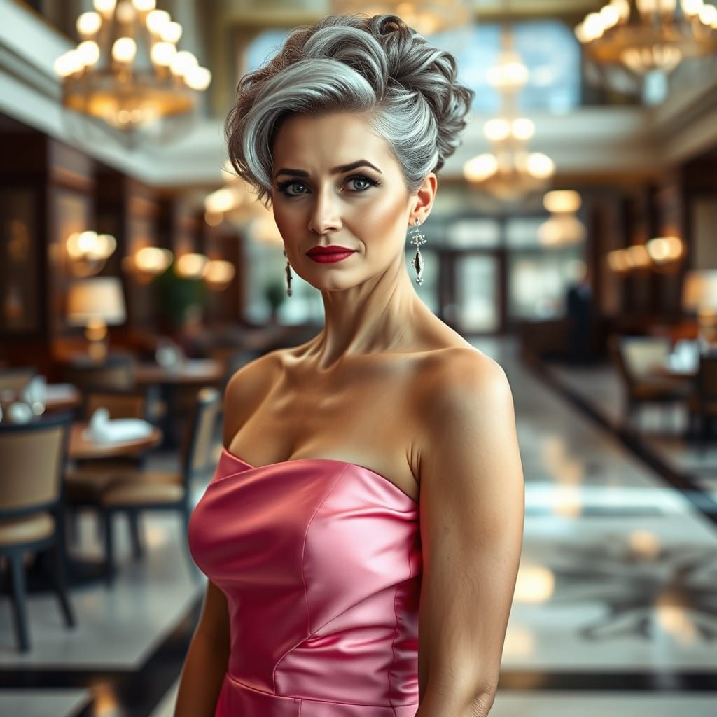 Elegant Woman in Pink Silk Dress at Luxury Restaurant