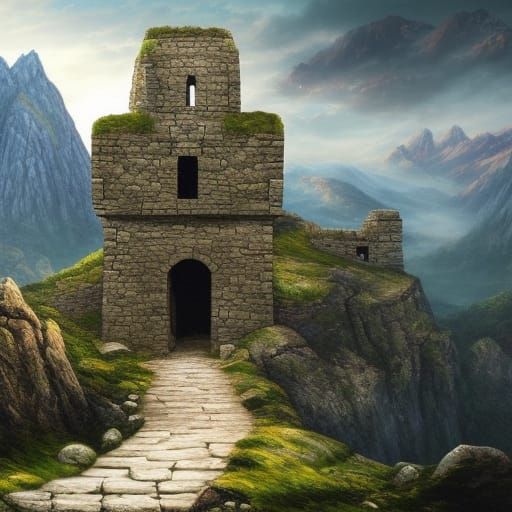 Mountain Peak Castle Ruins with Stone Bridge