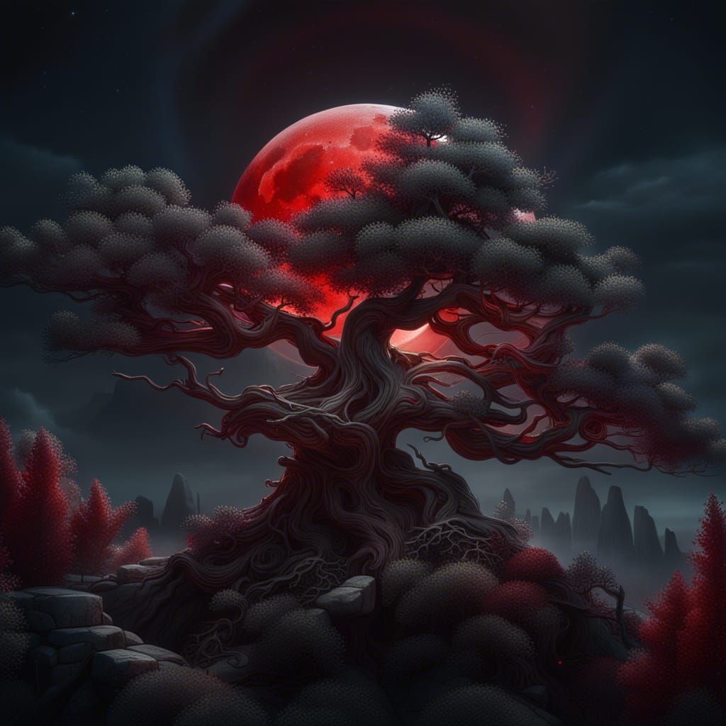 Blood Moon Over Silver Pines: Matte Painting