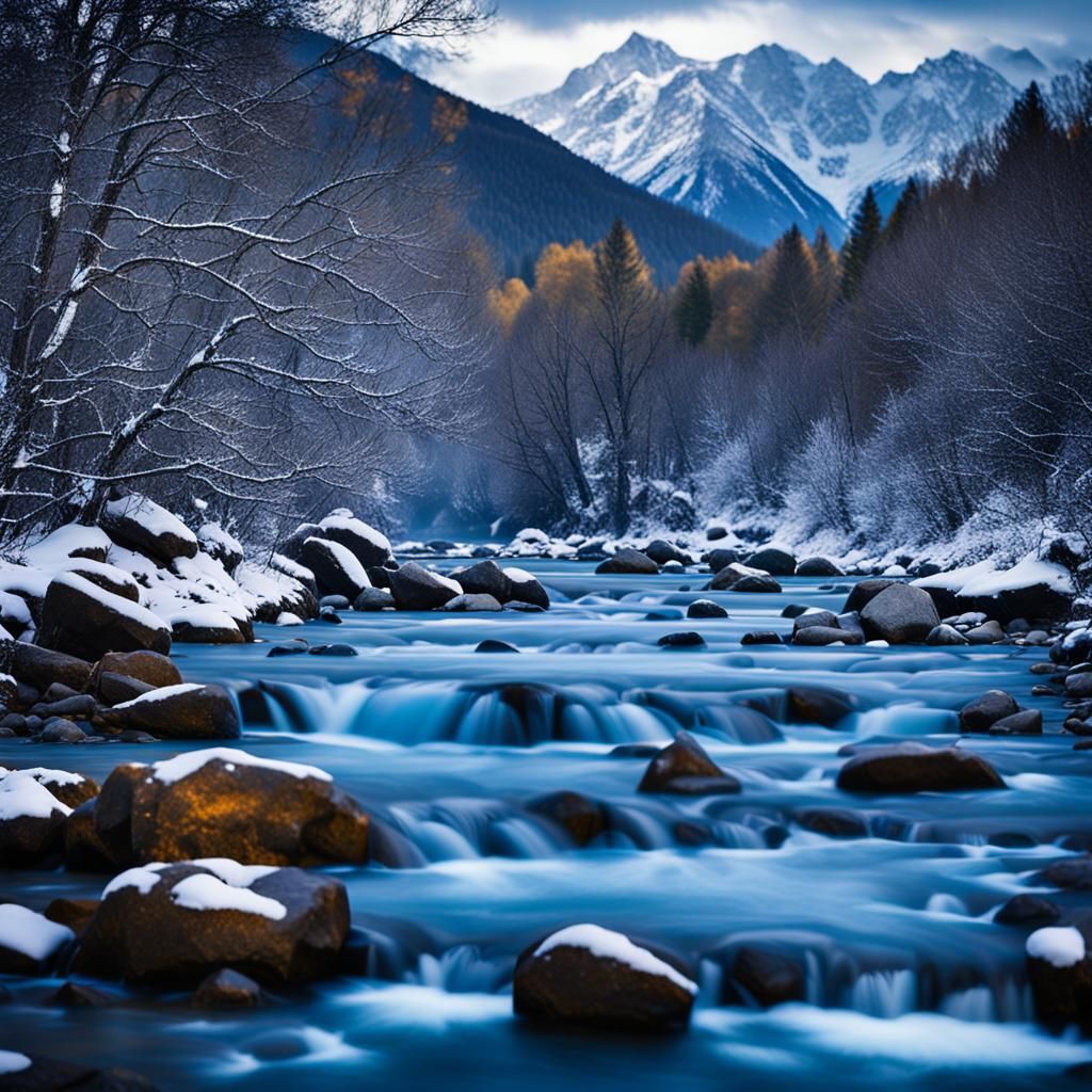 Blue River Flowing Through Snowy Mountains