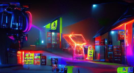 Neon Gas Station at Night in 3D