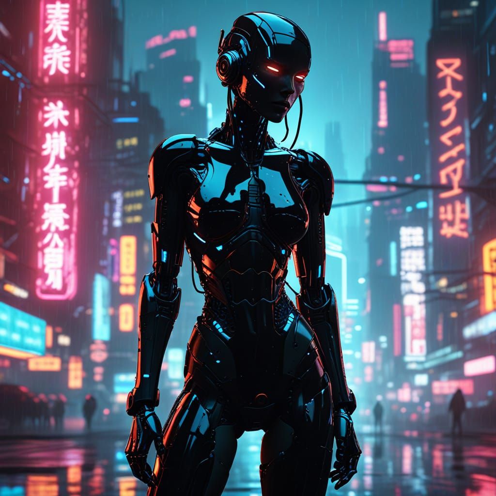 Seductive Robot in Neon Cyberpunk Cityscape