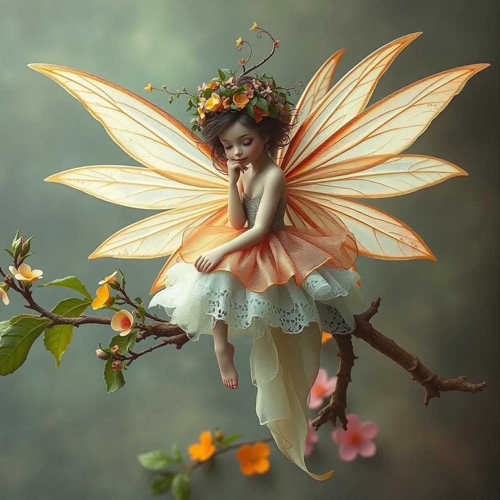 Fairy in Floral Hat on Blossoming Branch