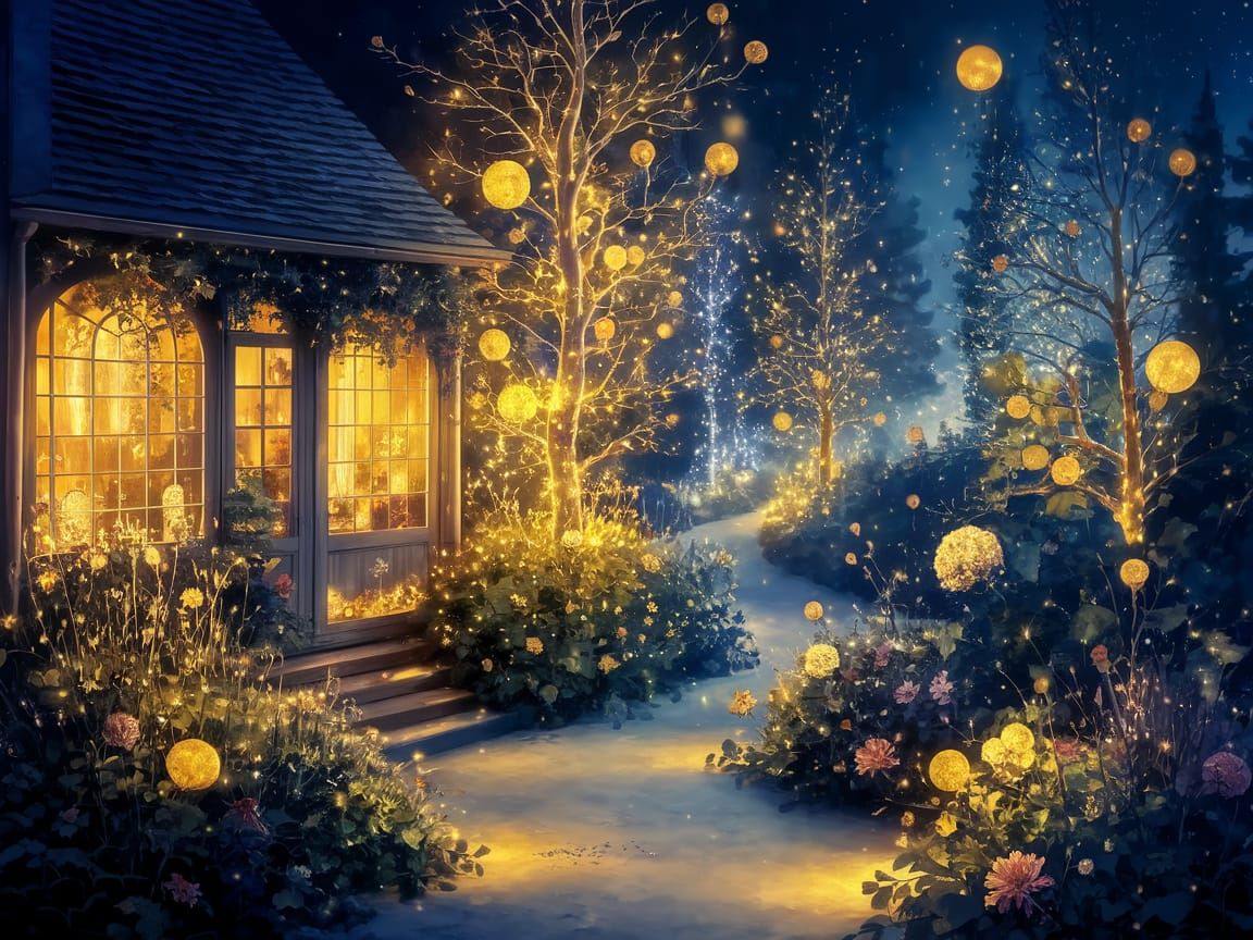 Golden Nighttime Garden Scene in Art Nouveau Style