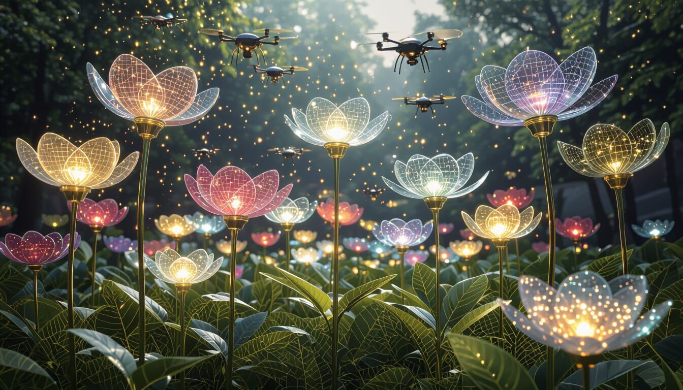 Futuristic Cybernetic Meadow with Glowing Drones