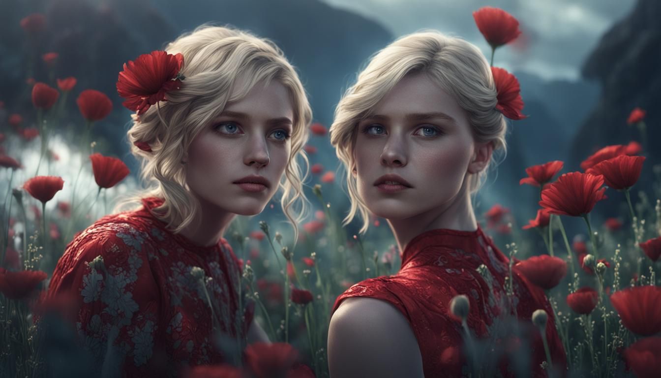 Blonde in Red Dress in Flower Field