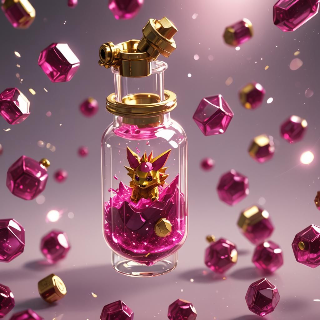 Glowing Magenta Digimon in a Steampunk Glass Vial