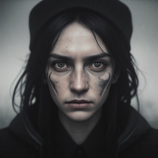 Somber Winter Portrait with Barcode Tattoo in Moody, High-Co...