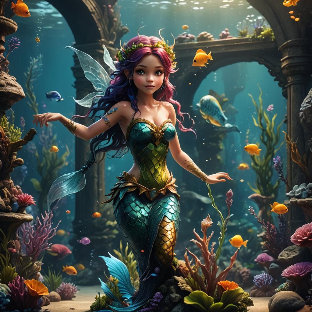 Pixie Fairy Mermaid in Aquarium: Fantasy Concept Art