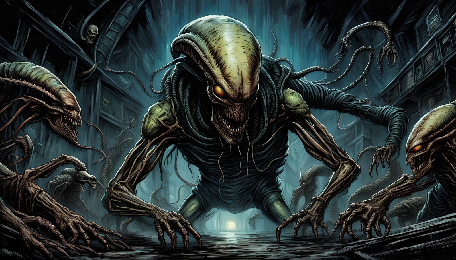 Sci-Fi Alien Creature in Chaotic Line Art