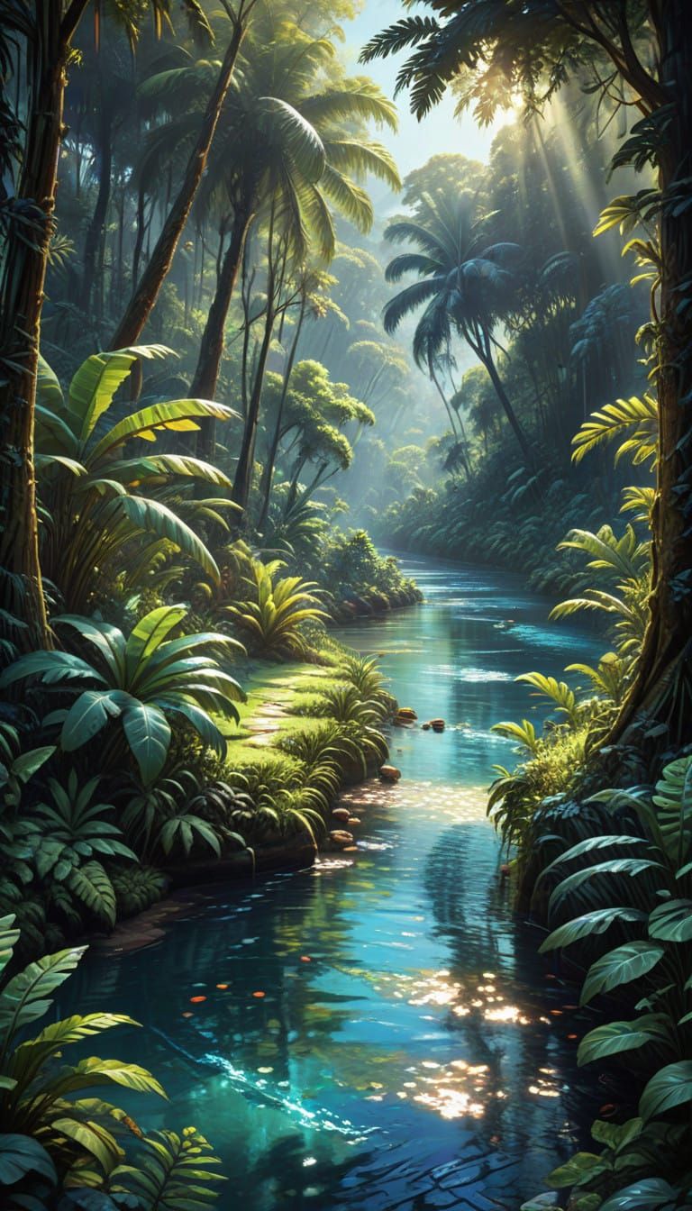Surreal Tropical Paradise Unfolds with Gentle River and Jung...