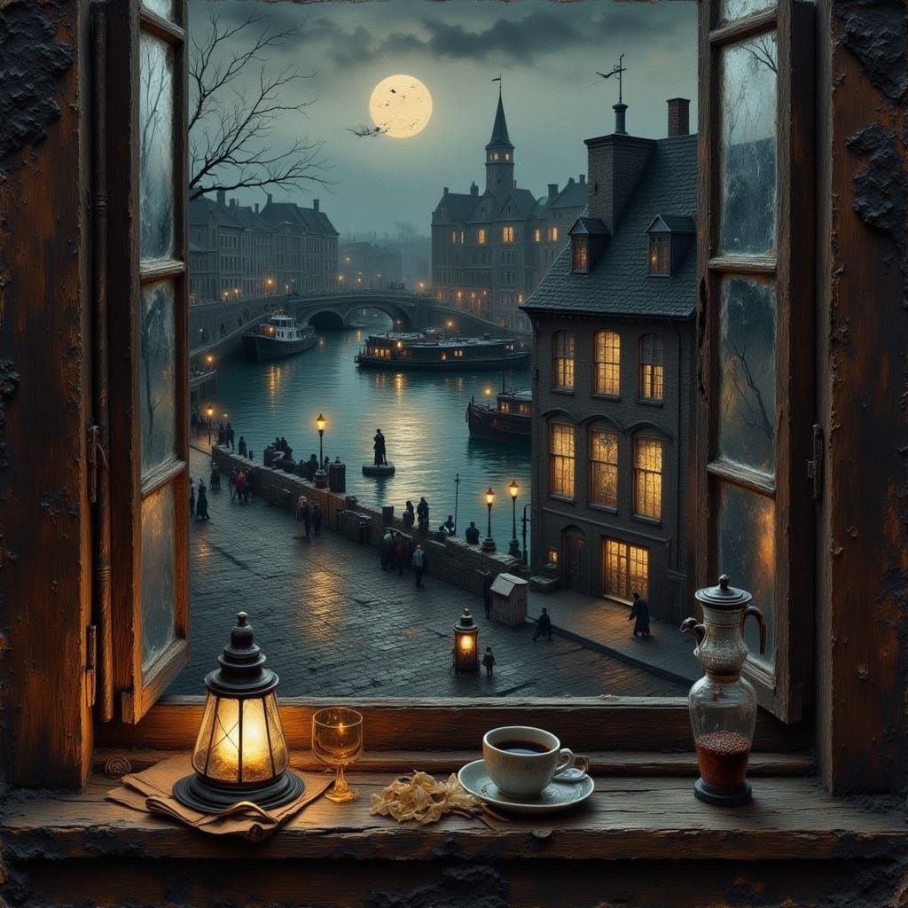 Victorian Harbor Cityscape at Night in Whistler Style