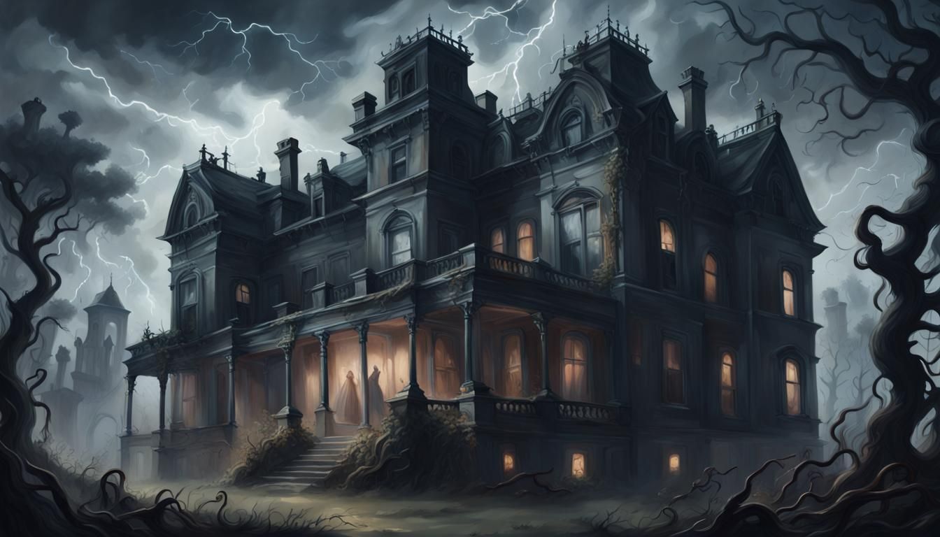 Ominous Mansion in Atmospheric Oil Painting