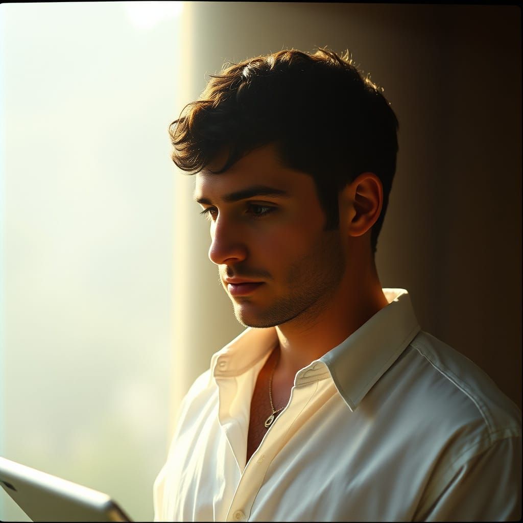 Introspective Roman Man in Vintage Film Style